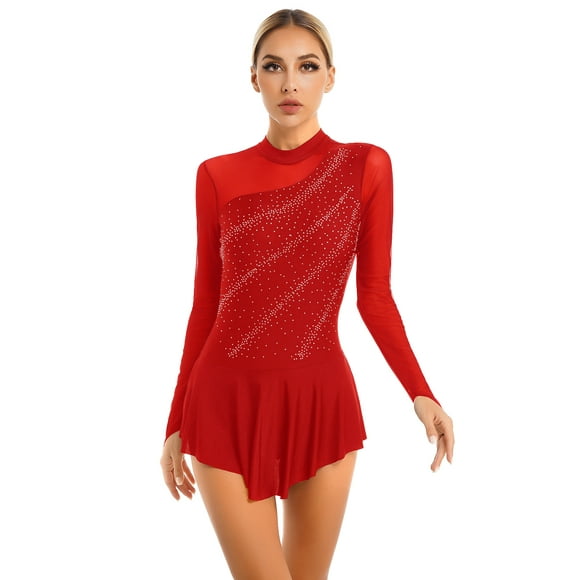 Hansber Robe de Patinage Artistique pour Femmes avec Strass Brillants Robe de Danse Moderne Contemporaine Rouge P