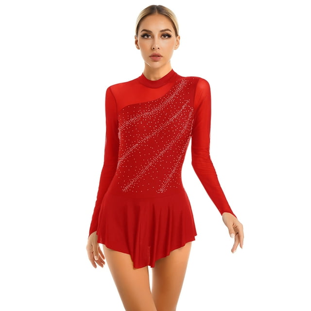 Hansber Robe de Patinage Artistique pour Femmes avec Strass Brillants Robe de Danse Moderne Contemporaine Rouge TTG