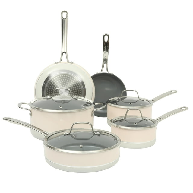 Sur La Table Kitchen Essentials Viva La Cantina Juego de ollas y sartenes de aluminio forjado antiadherentes con interior de cerámica de titanio libre de PFA, 10 piezas - Blanco y plateado en 2 tonos