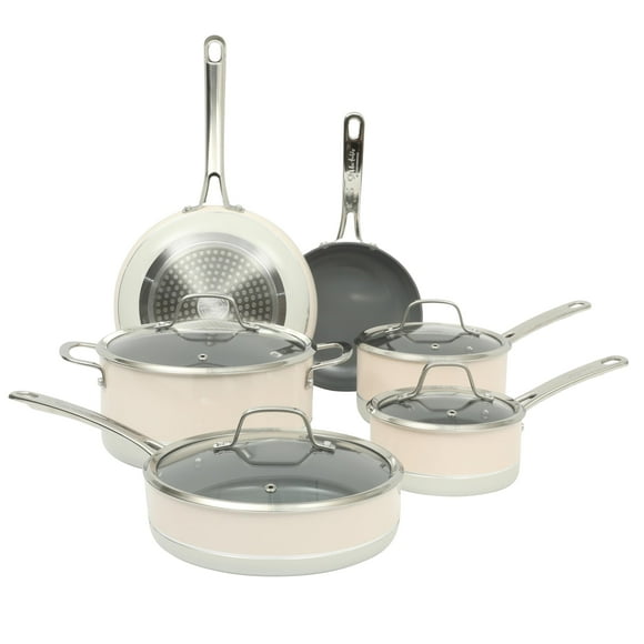 Sur La Table Kitchen Essentials Viva La Cantina Juego de ollas y sartenes de aluminio forjado antiadherentes con interior de cerámica de titanio libre de PFA, 10 piezas - Blanco y plateado en 2 tonos