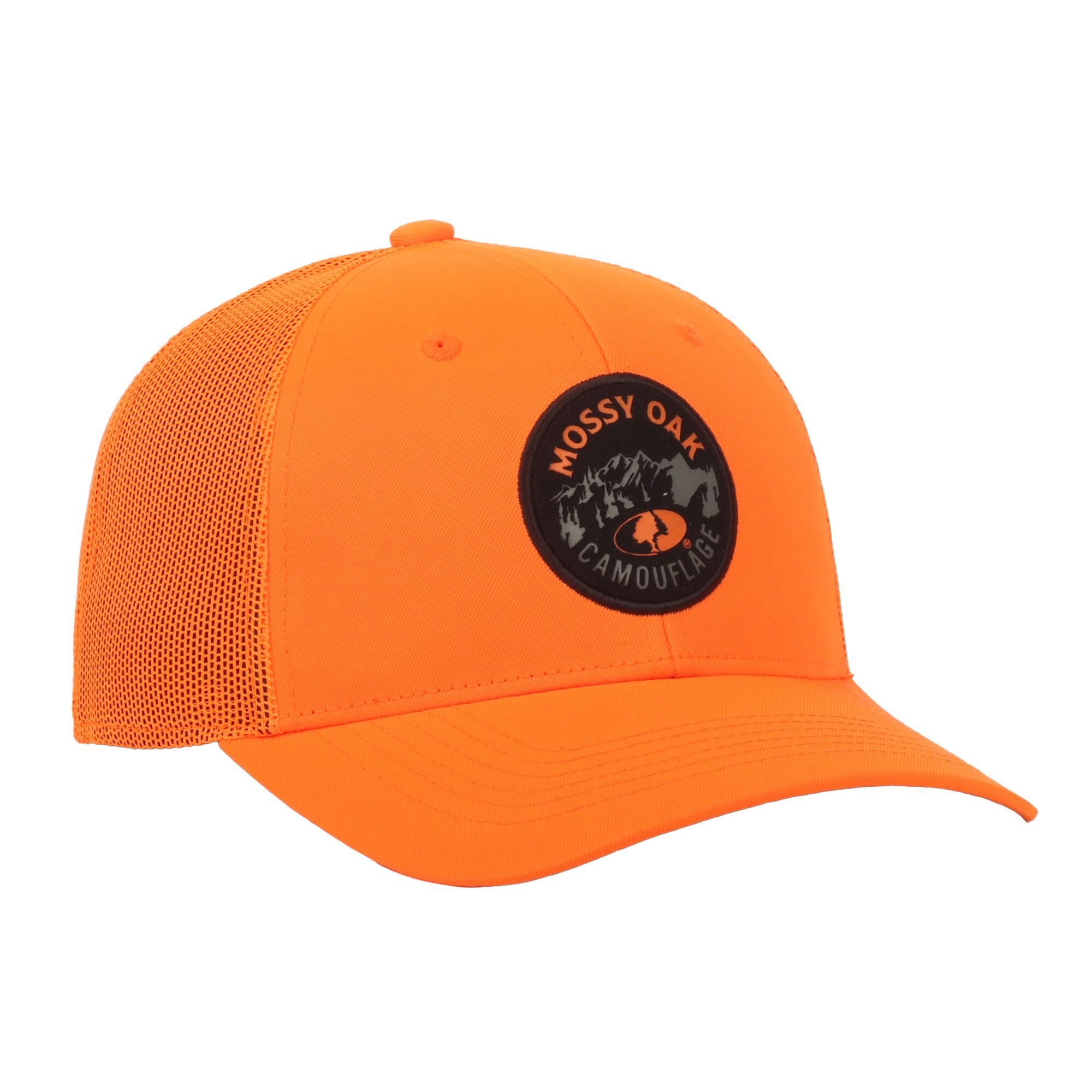 Mossy Oak Structured 6-Panel Trucker Hat – Blaze Orange High-Density Patch Logo Meshback Cap, One Size