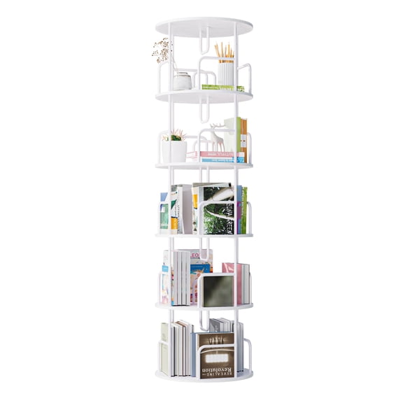 5-Tier 360° Rotating Bookshelf Tower, Narrow Tall Spinning Bookcase - Space-Saving Revolving Storage Shelf for Bedroom, Living Room, Office, White