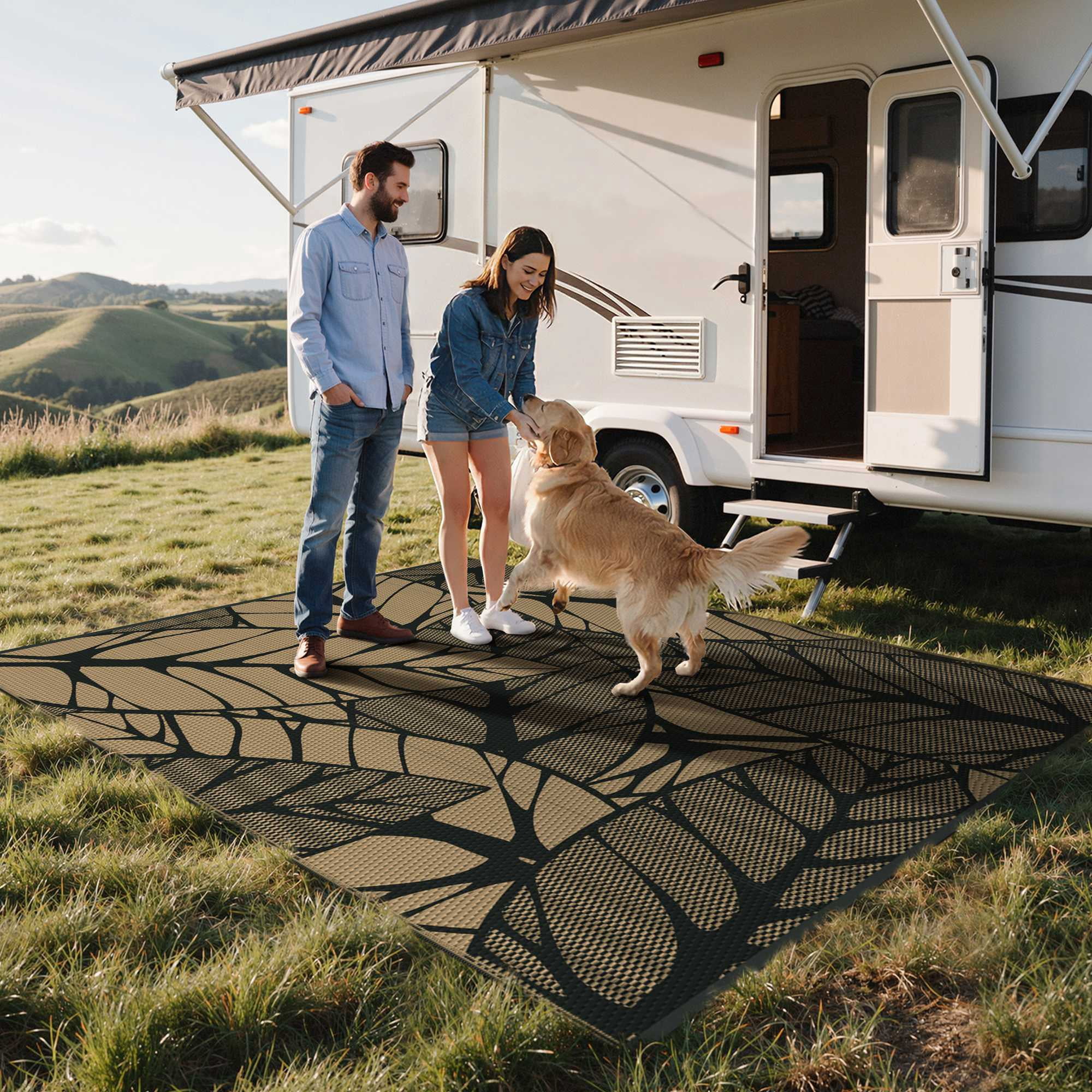 DEORAB 5'x8' Outdoor Rugs Waterproof Patio Reversible Plastic Straw Carpet Camping Outside Mat For Garden Balcony Camping Porch, Black & Brown