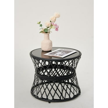 Glory Patio Round Coffee Table for Living Room, Bedroom, Modern Table with Clear Tempered Glass (Black Frame)