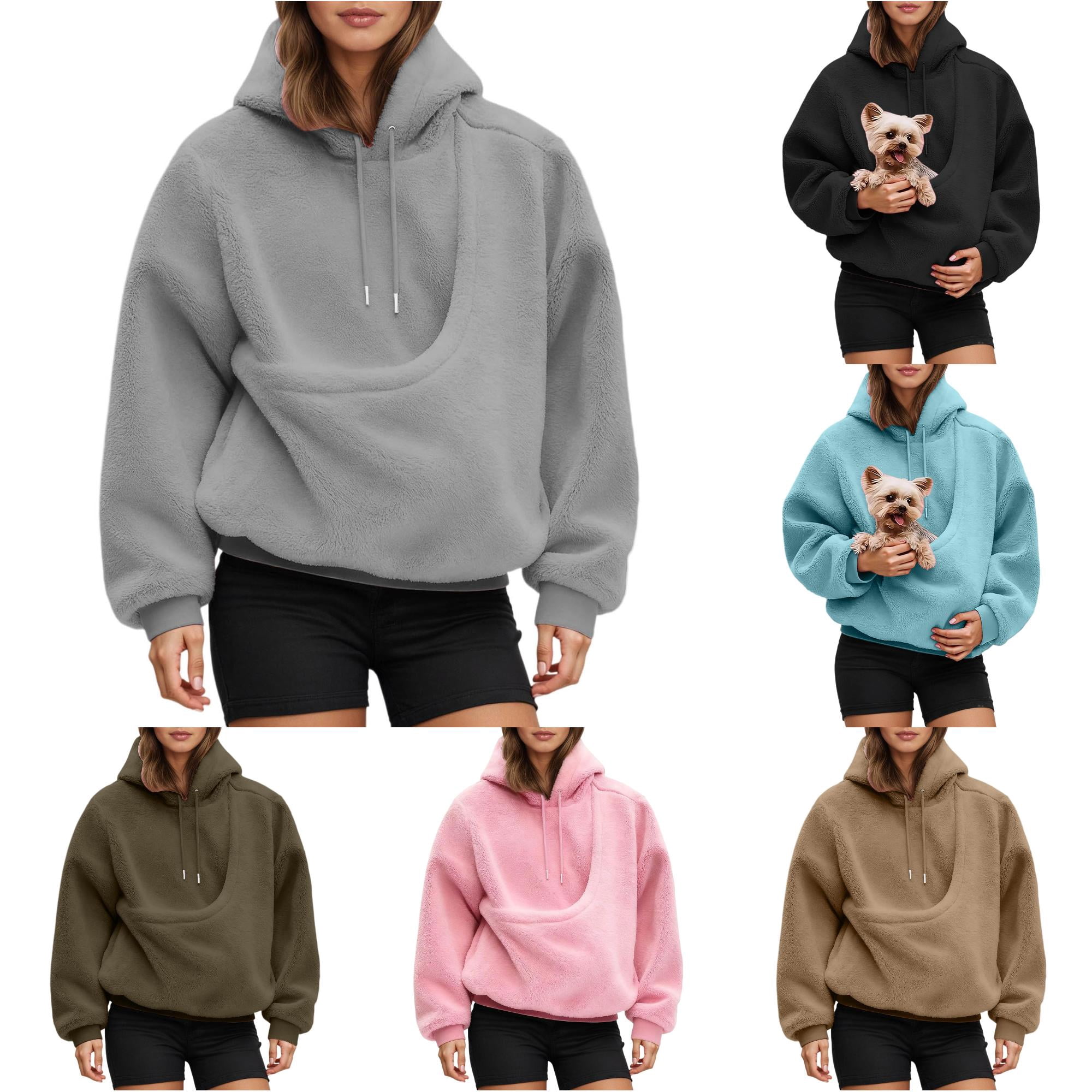 LIIPEE Womens Casual Hoodies Solid Color Long Sleeve Loose Hooded Sweatshirts With Pet Pockets Ladies Fall Winter Cozy Everyday Pullover M