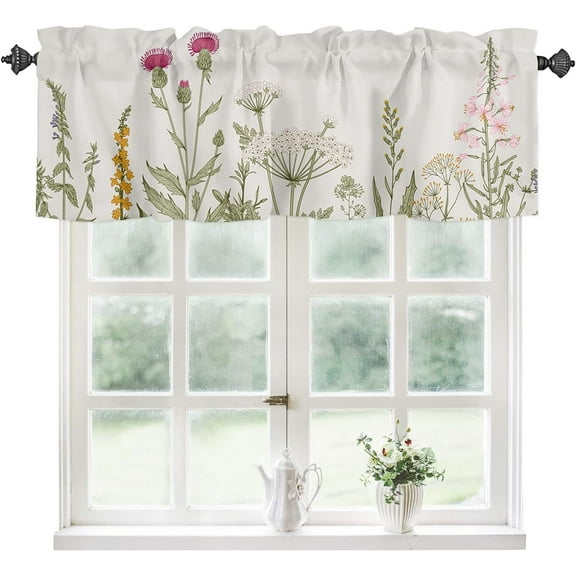 Kitchen Curtain Valance, Dandelion Flower Leaves Vintage Spring Daisy Watercolor Floral Botanical Short Rod Pocket Window Curtain for Bedroom, Bathroom, 1 Panel, 54" W x 18" L