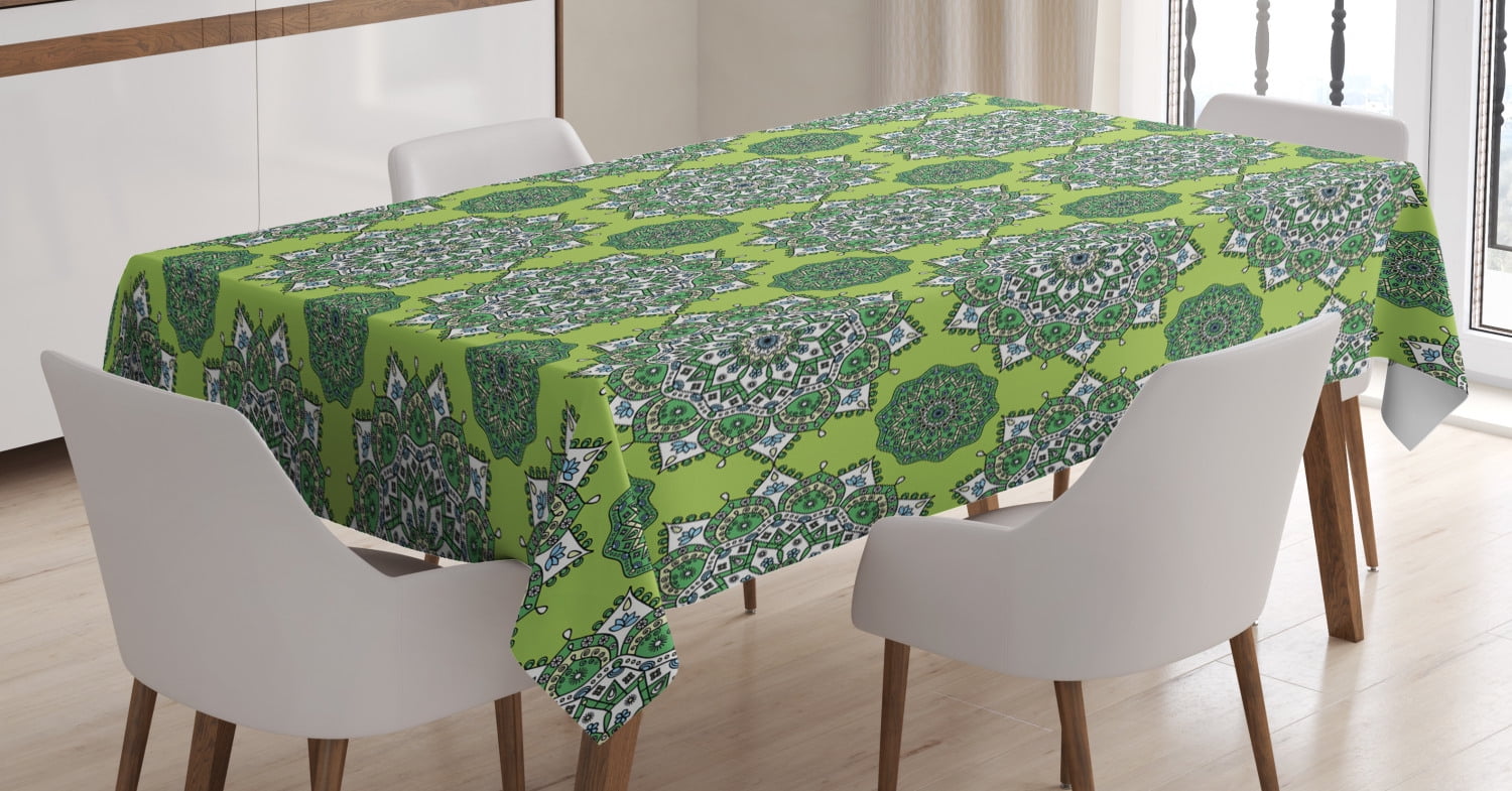Lime Green Tablecloth, Arabesque Oriental Moroccan Mandala Middle Eastern Boho Retro Pattern