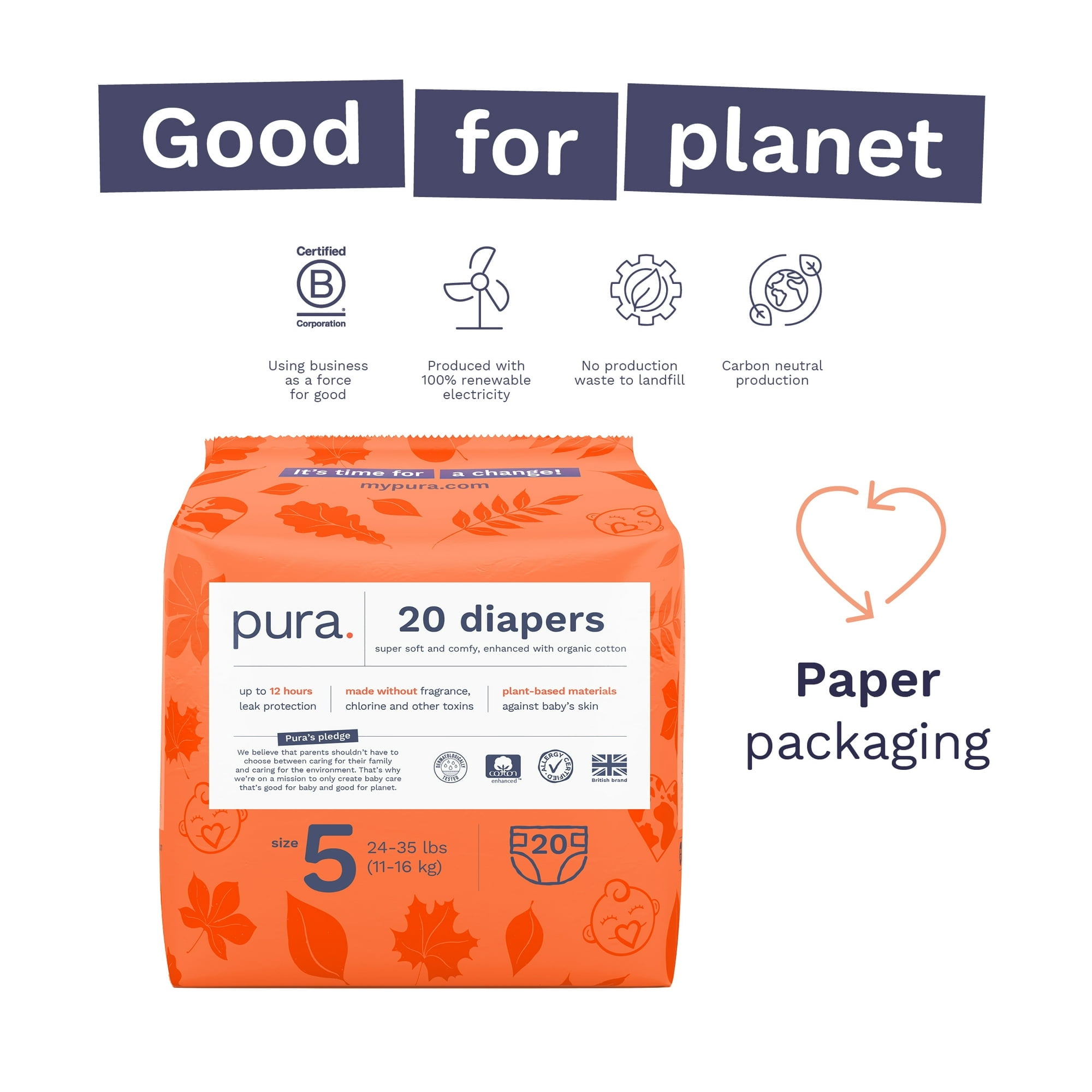 Pura Sensitive Soft Sustainable Baby Diapers Size 5, (20 Count)