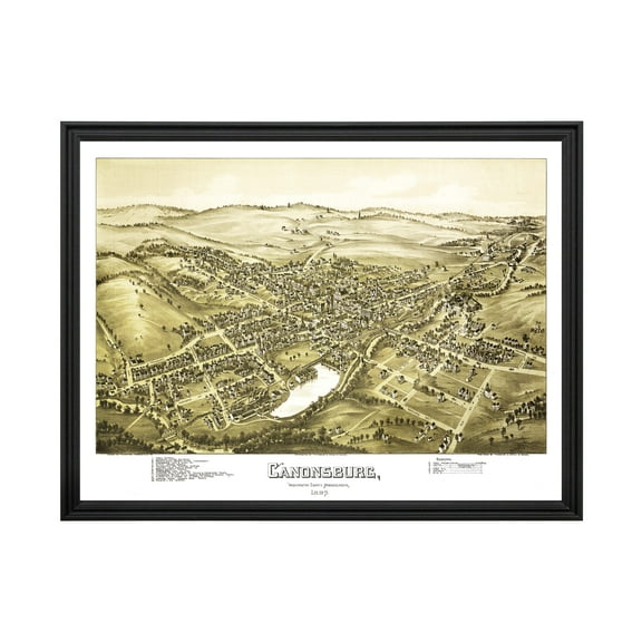 Canonsburg Art, 1897 Vintage Map of Canonsburg Pennsylvania, PA History Wall Decor Gift, Old Canonsburg Map - 24" x 18" Black Framed Print