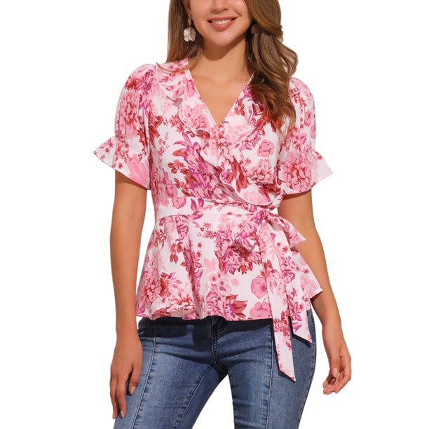 INSPIRAR CHIC Blusas de Mujer con Estampado Floral, Cuello en V, Mangas Cortas, Dobladillo Redondo, Blusa con Volantes Peplum, Talla XS, Floral Rosa