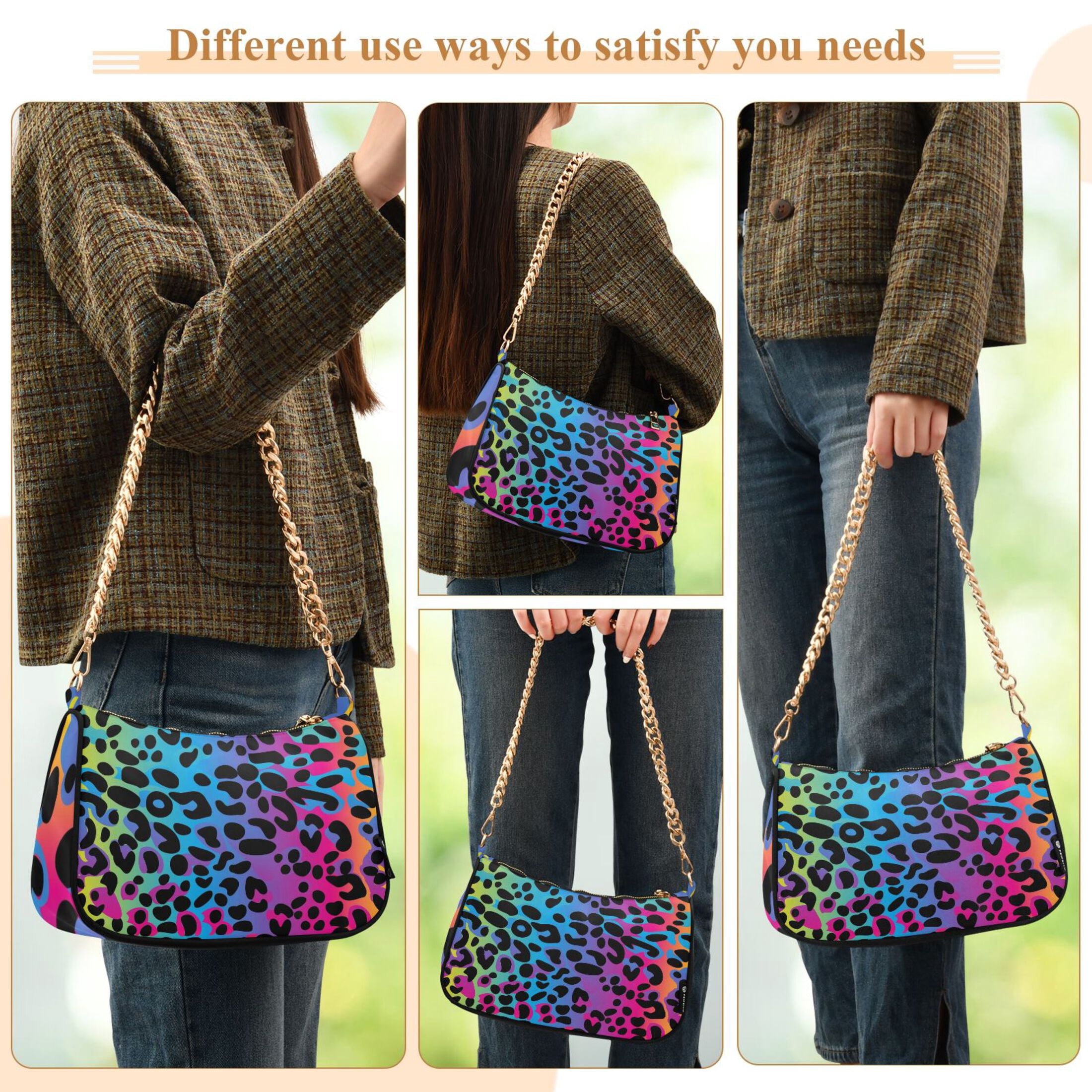 Rainbow Leopard Print Neon Womens Chain Shoulder Bag Tote Handbag Clutch Hobo Purse with Zipper for Travel Casual
