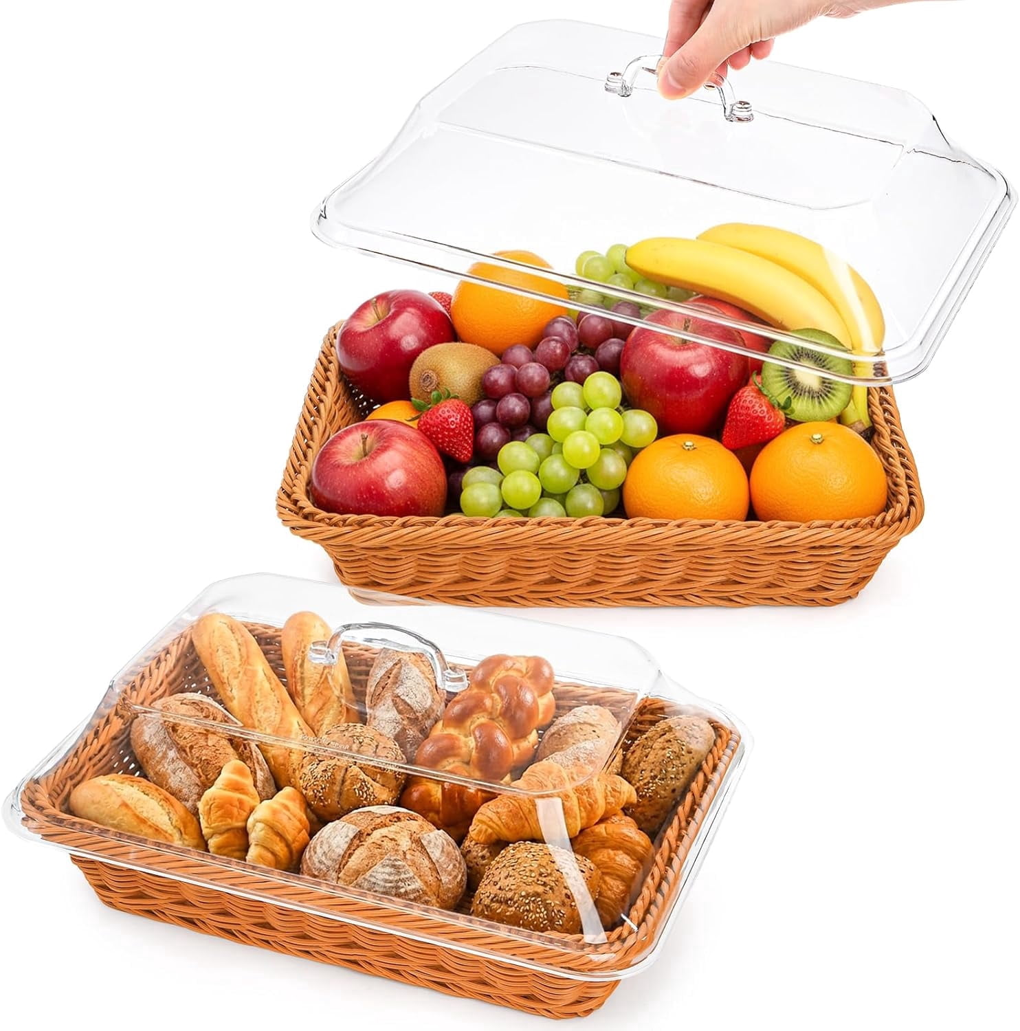 Kitchen Imitation Rattan Bread Basket,13.8''x9.8'' Large Wicker Bread Basket with Acrylic Lid,Tabletop Food Serving Basket, Fruit Tray, Rattan Food Serving Tray for Kitchen,Dining,Restaurant,Brown