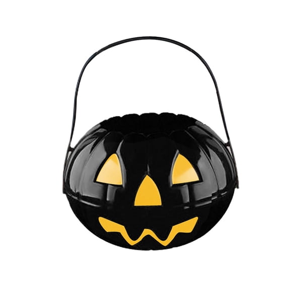 Halloween Portable Pumpkin Bucket, Halloween Pumpkin Candy Bucket Plastic Jack-O'-Lantern Halloween Fall Decor Basket with Handle for Kids Halloween Party Favor Black,L