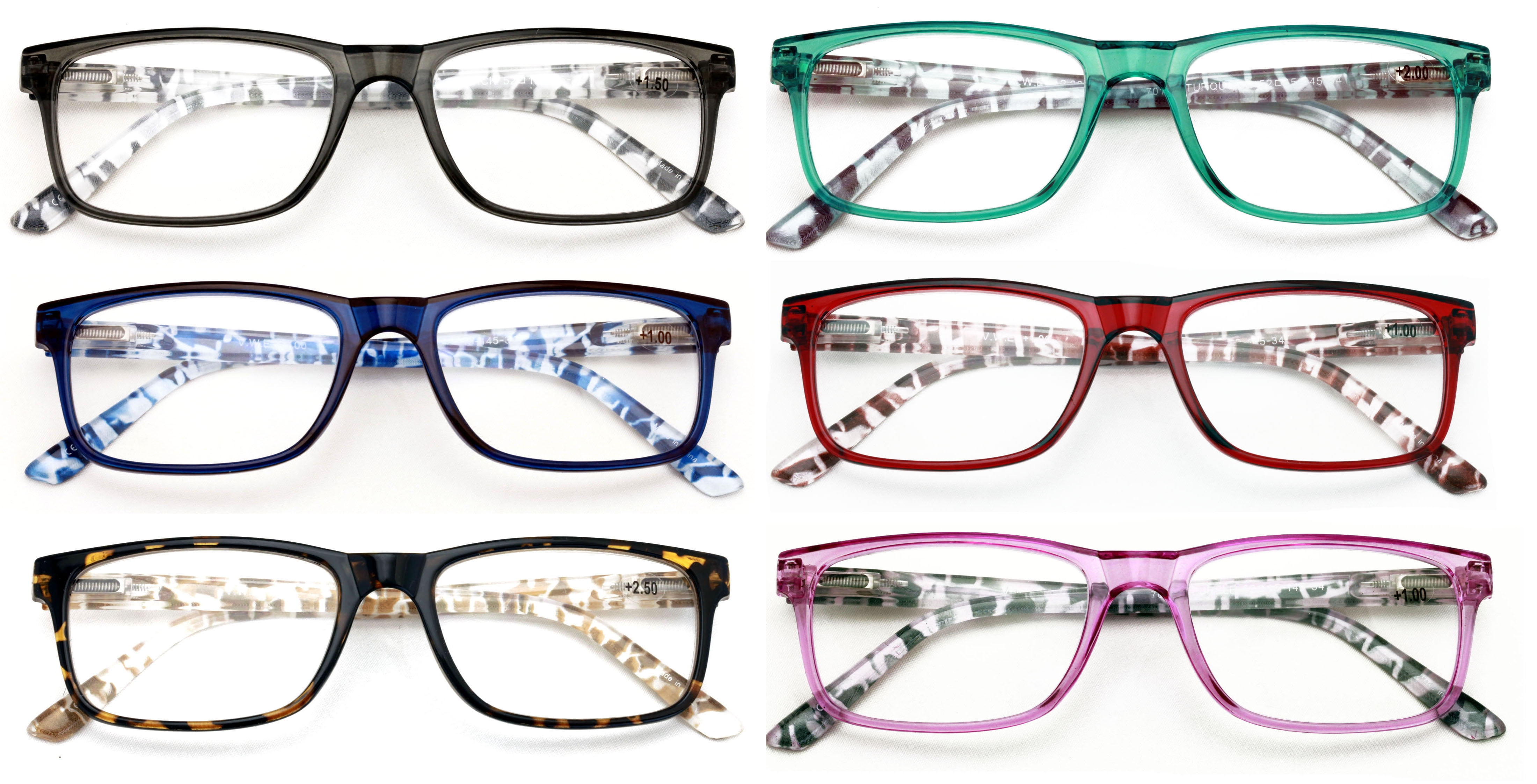 6 Pairs Lightweight Spring Hinge Tile Design Rectangular Reading Glasses - Clear Lens Reader Men Women 7014 +2.75