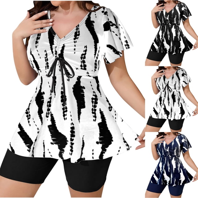 QIUOMBBP Plus Size Tankini Set for Women Two Piece V Neck Front Tie Ruffle Top with Swim Shorts Flowy Beach Vacation Bathing Suit Navy XXXXL