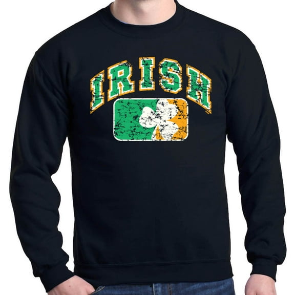 Shop4Ever Men's Distressed Irish Flag St. Patrick's Day Crewneck Sweatshirt Large Black