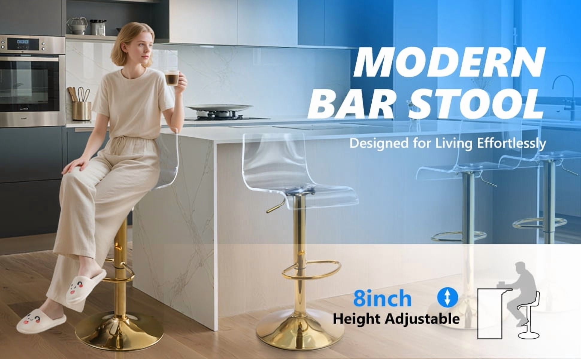 Clear Acrylic Bar Stools set of 3 , 360° Swivel Height Adjustable Bar Chairs with Backrest, Transparent Counter Height Stools with Gold Metal Base for Kitchen Island, Bar, Cafe ( Gold )