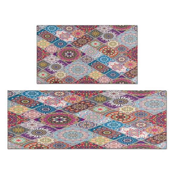Kitchen Rugs and Mats Non Skid Washable Boho Vintage Pattern (8) Kitchen Mat and Rug Set,Floor Cushion Waterproof Rug,Rubber Backed Area Rugs for Kitchen Laundry
