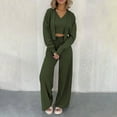 thumbnail image 2 of 3 Piece Sets for Women Knitted Lounge Sets for Women Winter Casual Solid Comfy Knit Ribbed Cropped Top and Drawstring Wide Leg Pant Matching Sets Sweater Outfit Sets Holiday, 2 of 7