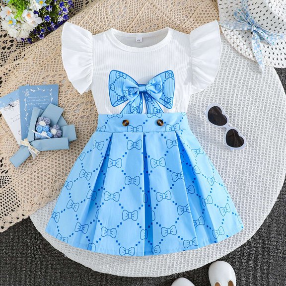 HAYIMI Kids Outfit Sets Children Casual Comfortable Stylish Fly Sleeved Bowknot O-Neck Tshirts Shorts Holiday Cartoon Clothes Sets
