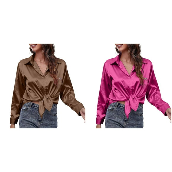 (2-Pack) Kcodviy Women's Blouse Satin Silk Summer Tops Shirt Button Down Shirt Women Length Casual Loose Long Sleeve Woman's Summer Tops Work Long Edition Blouse