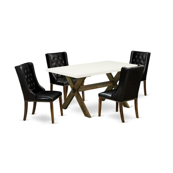 East West Furniture X-Style 5-piece Wood Dining Set w/ Leather Seat in Brown
