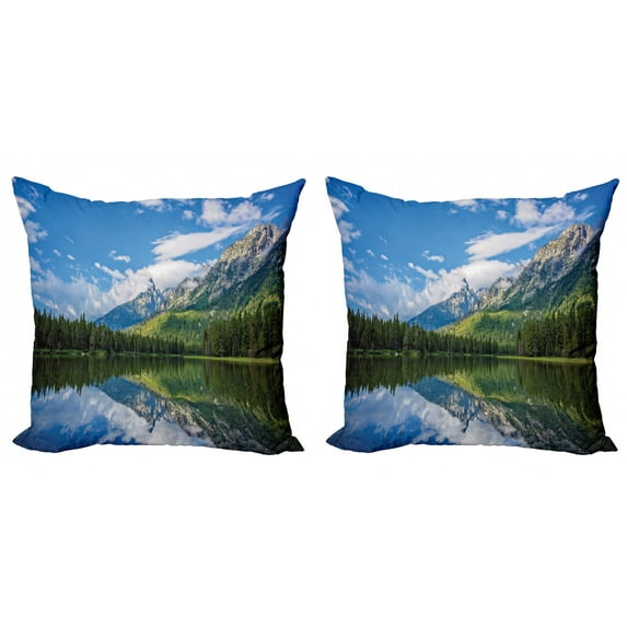 Ambesonne Nature Throw Pillow Cover 2 Pack, Mountain Lake Scenery, 18", Blue White Green