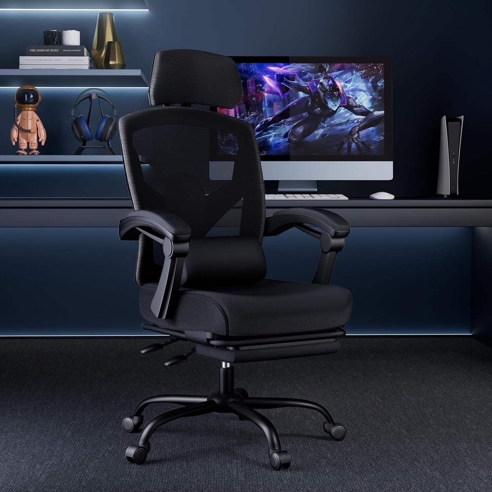 Casabay Ergonomic Home Office Desk Chair, High Back Mesh Reclining Swivel Chair with Footrest & Armrest for Back Pain Relief, Black