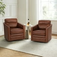 thumbnail image 2 of Swivel Genuine Leather Accent Chair Set of 2 Wooden Upholstery Home Theater Armchair Metal Base Living Room Brown, 2 of 8