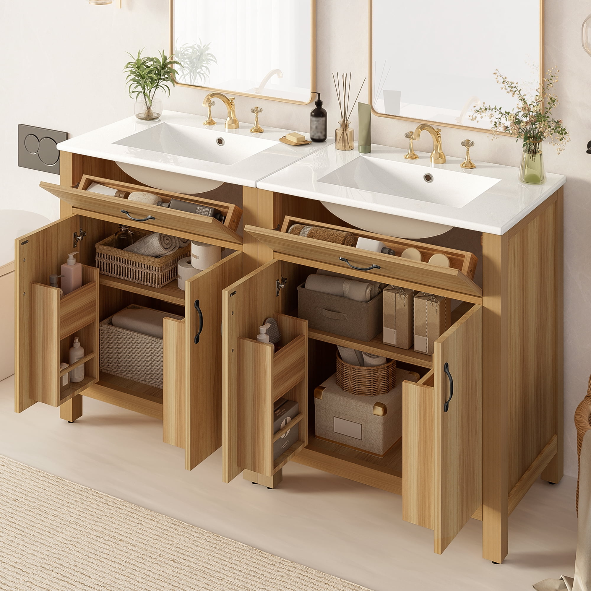 Euroco 60" Wood Bathroom Vanity with Solid Wood Frame, 4 Soft Close Doors,2 Flip Drawer, Adjustable Shelf, Modern Storage Cabinet