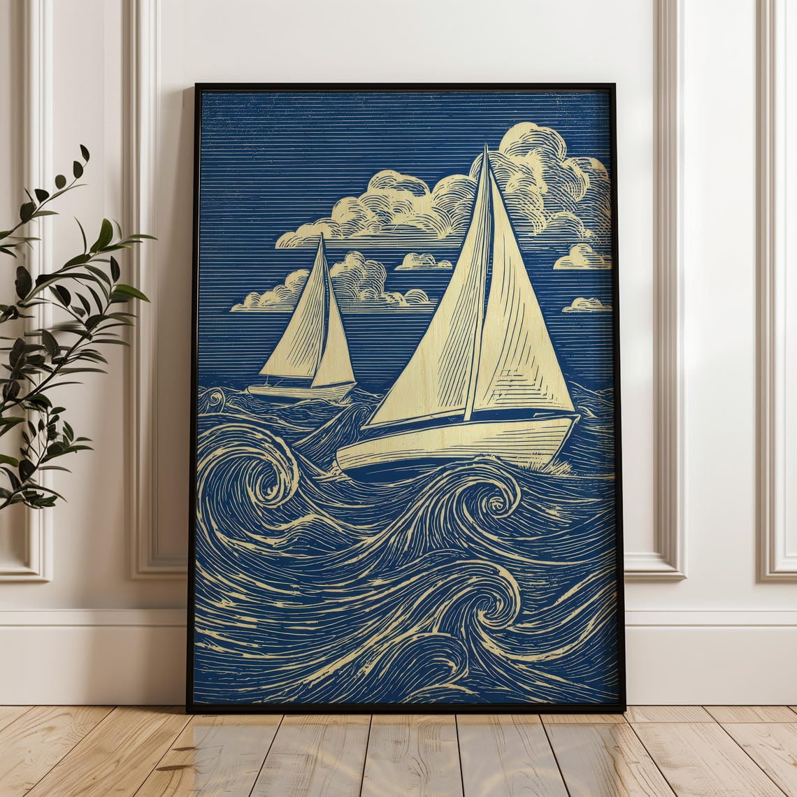Sailboats on Ocean Waves Vintage Nautical Woodcut Poster