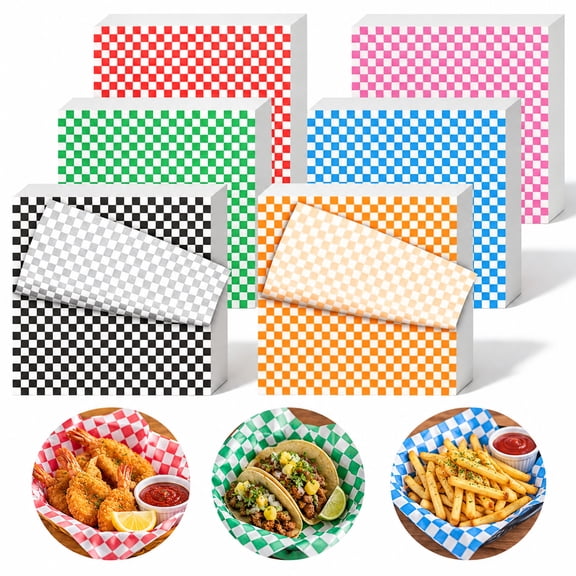 300 PCS Wax Paper Sheets for Food, 12 x 12 Inch Checkered Food Basket Liners in 6 Colors for Sandwiches, Burgers, Snacks and Party Serving