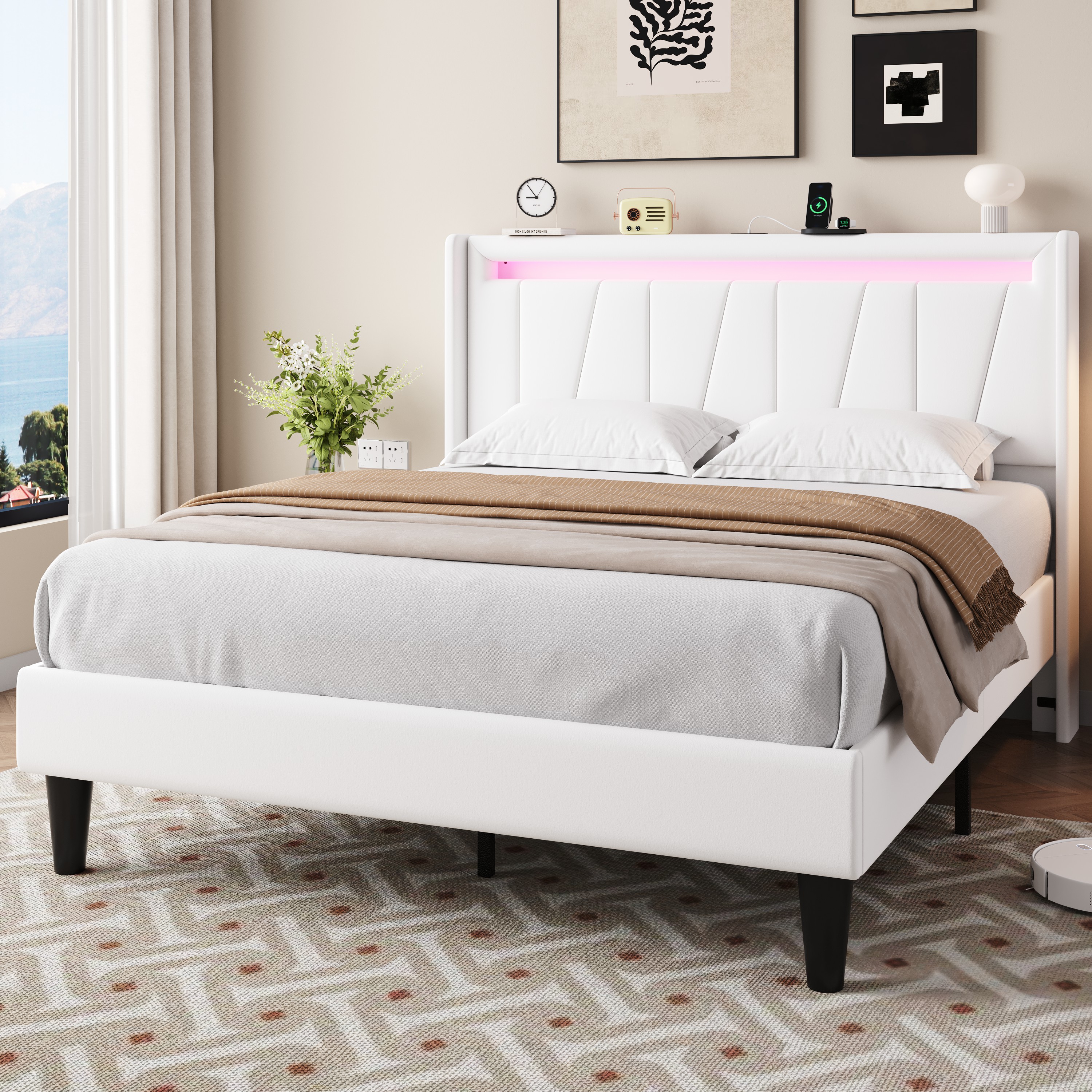 Amolife Full Size Bed Frame with Charging Station & LED Light, Velvet Upholstered Platform Bed with Geometric Wingback Headboard, White