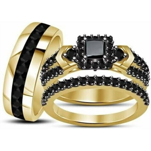 beryl_creation 3.80 Ctw Princess Cut Black Diamond Wedding Anniversary His & Her Wedding Ring Trio Set Band Ring 14K Yellow Gold Plated 925 Sterling Silver 925 Sterling Silver -9.5