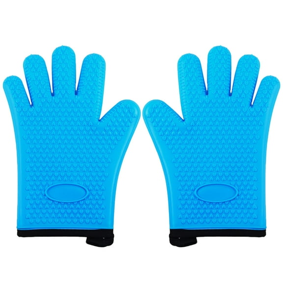 Firae Silicone Heat Resistant BBQ 1 Pair Gloves - Waterproof Oven Mitts with Protective Cotton Layer inside, Non-Slip Grip, Cooking, Baking, Frying, and Barbecue One size fit most Blue