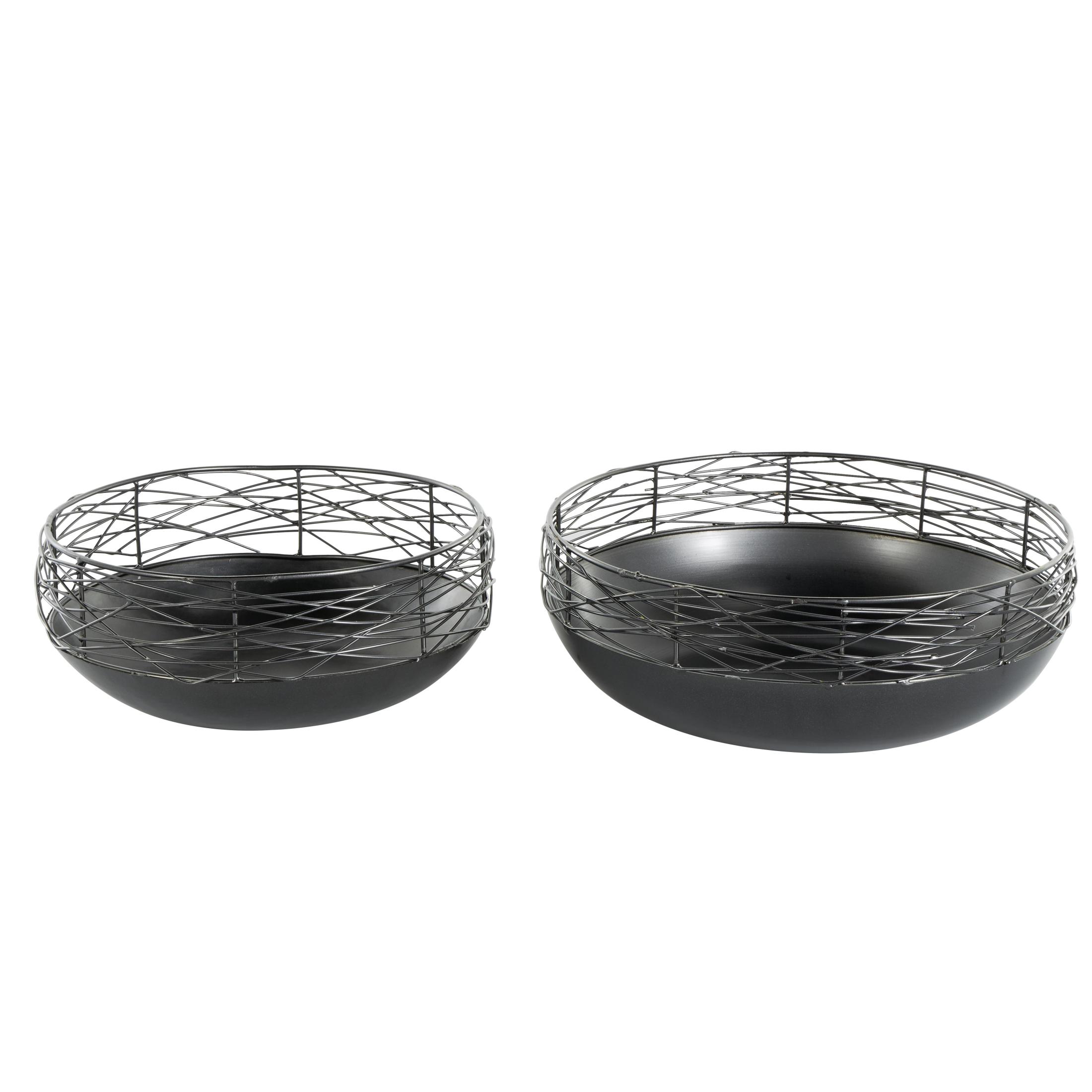 DecMode 15", 12"W Round Intertwined Wire Abstract Black Metal Decorative Bowl with Solid Matte Base, Set of 2