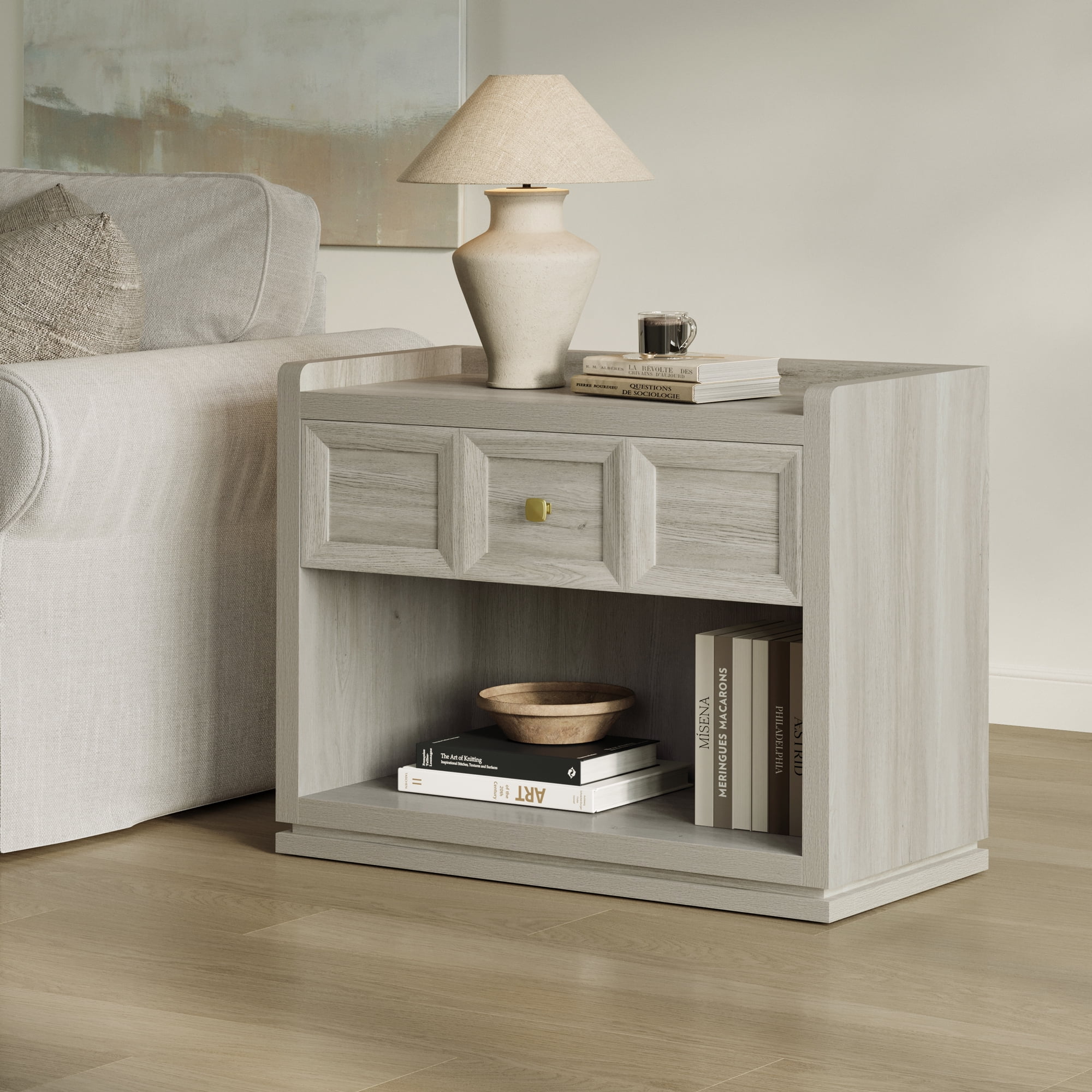 SICOTAS 31" W Farmhouse Nightstands Set of 2, Big nightstands with Drawer & Open Shelves, Large Bedside Table, End table for Bedroom, Living Room, White Oak
