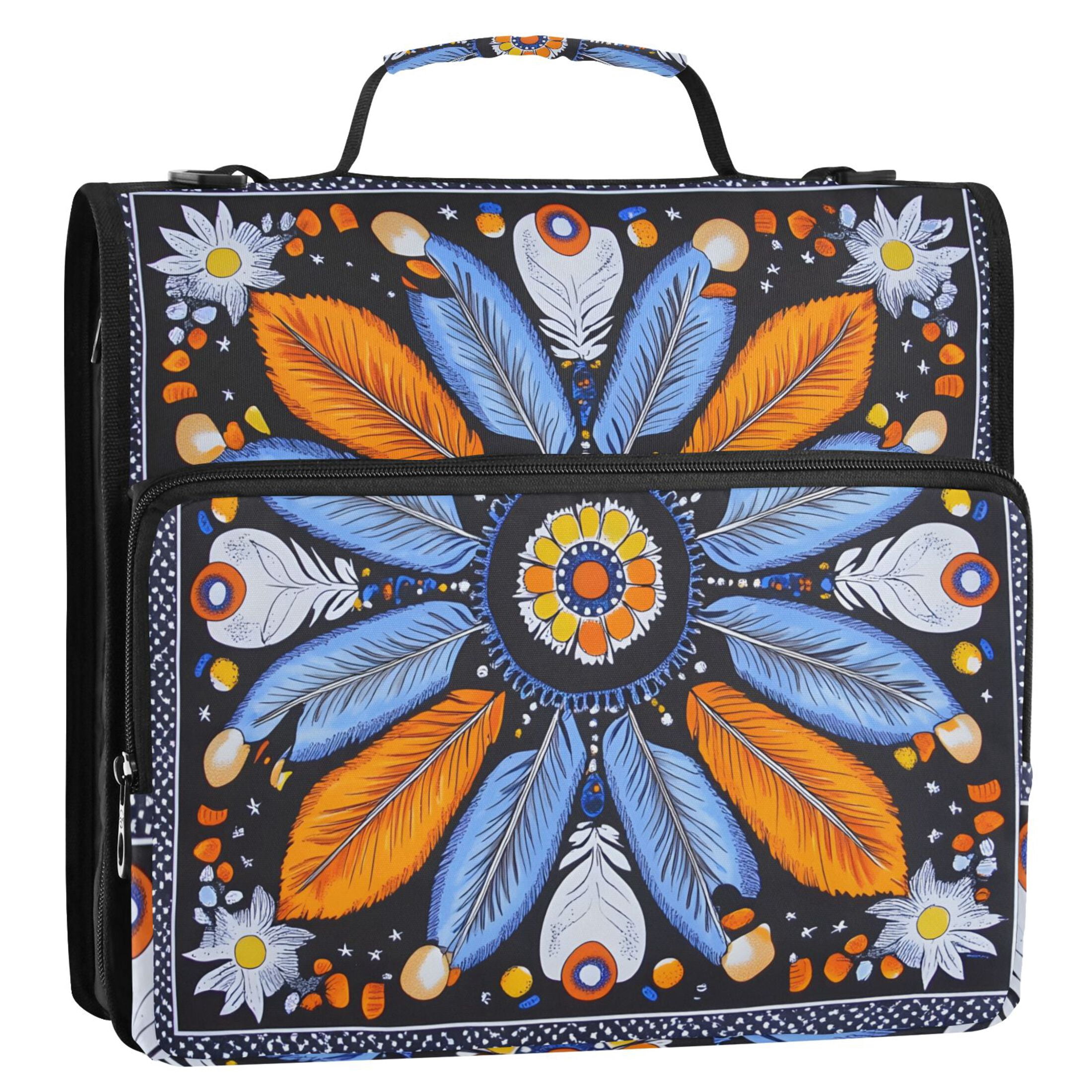 3 Ring Zipper Binder with Shoulder Strap Waterproof Trapper Keeper 2 Inch D-Ring 500 Sheets Capacity Blue Orange White Feather