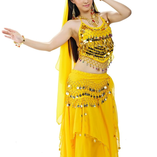 Bellylady Halloween Belly Dance Costume Halter Bra Top Hip Scarf And Skirt Yellow Walmart Com Walmart Com