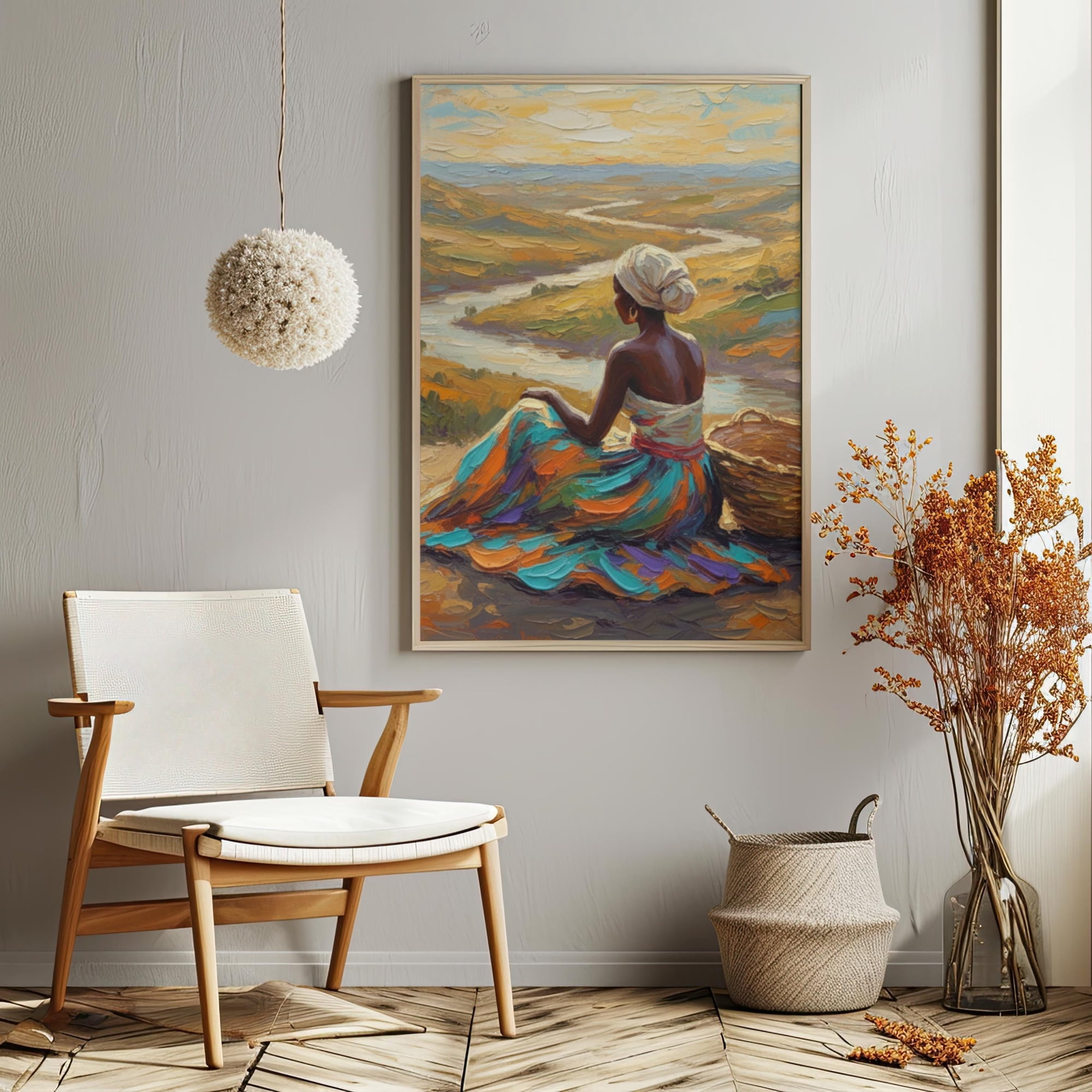 African Landscape Wall Art, Woman River View , Colorful Ethnic Art Print, Cultural Home Decor , Poster Print Only