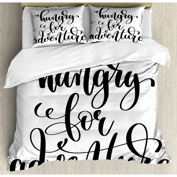 Adventure King Size Duvet Cover Set, Monochrome Quote Hungry For Adventure Journey Challenge Hand Written Letters, Decorative 3 Piece Bedding Set with 2 Pillow Shams, Black White, by Ambesonne