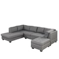 thumbnail image 6 of Reversible Sectional Sofa with Chaise Lounge, Modern L-shaped Linen Sofa with Storage Ottoman and Cup Holder, Rivet Trim Upholstered Living Room Sofa with Removable Back Cushion, Gray, 6 of 7