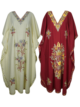 Mogul Womens Beige Maroon Maxi Indian Caftan Beautiful Floral Embroidered Kimono Sleeves Stylish Evening Dress Lot Of 2Pcs