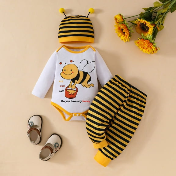 Delliss Newborn Baby Bee Printed Long Sleeved Romper Striped Pants Hat 3PCS Set Infant Spring Fall Clothes