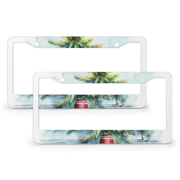 Watercolor Merry Christmas Tree License Plate Frames 2 Pcs Set Happy Winter Holiday Funny License Plates for Women 2 Round Holes Aluminum Metal License Plate Frame