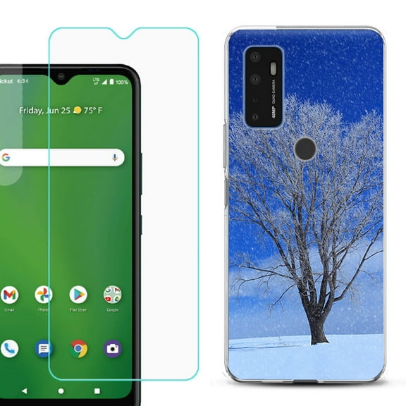 Slim-Fit Gel TPU Phone Case for Cricket Dream 5G, with Tempered Glass Screen Protector, by OneToughShield ® - Snowing Tree