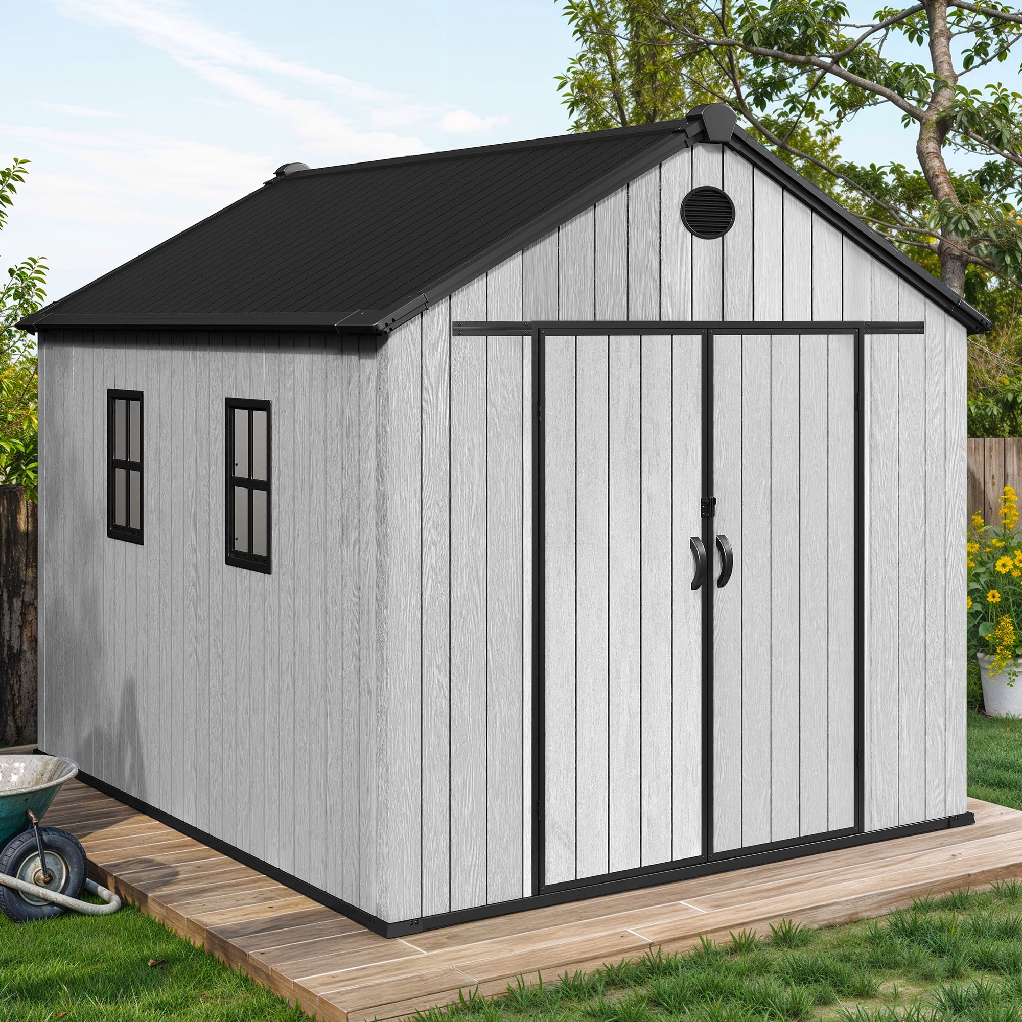 Uforic 8x10 FT Resin Storage Shed with Floor, Lockable Doors, 2 Vents & 2 Windows for Outdoors, Gray