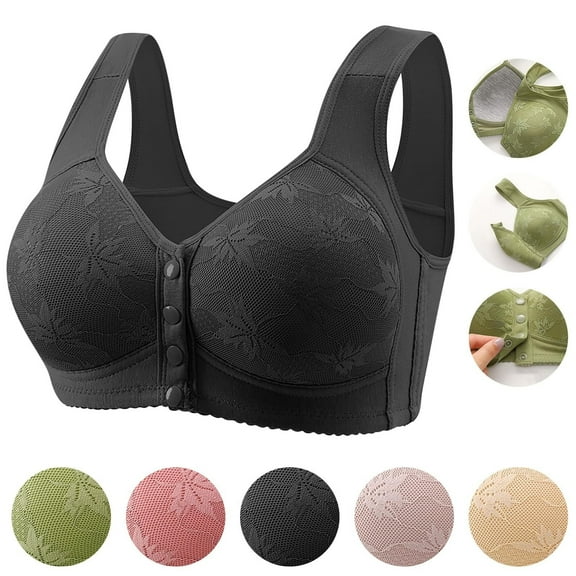 bbyeadc Daisy Bras for Women, Front Snap Closure Padded Bra for Older Senior Women, No Underwire Comfortable Bra (Black, M)