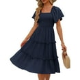 thumbnail image 2 of UoCefik Women's Summer Casual Flutter Sleeve Square Neck Smocked Midi Dress Navy M, 2 of 5