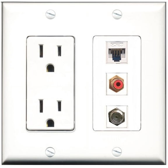 RiteAV - 15 Amp Power Outlet 1 Port RCA Red 1 Port Coax 1 Port Cat5e Ethernet White Decorative Wall Plate